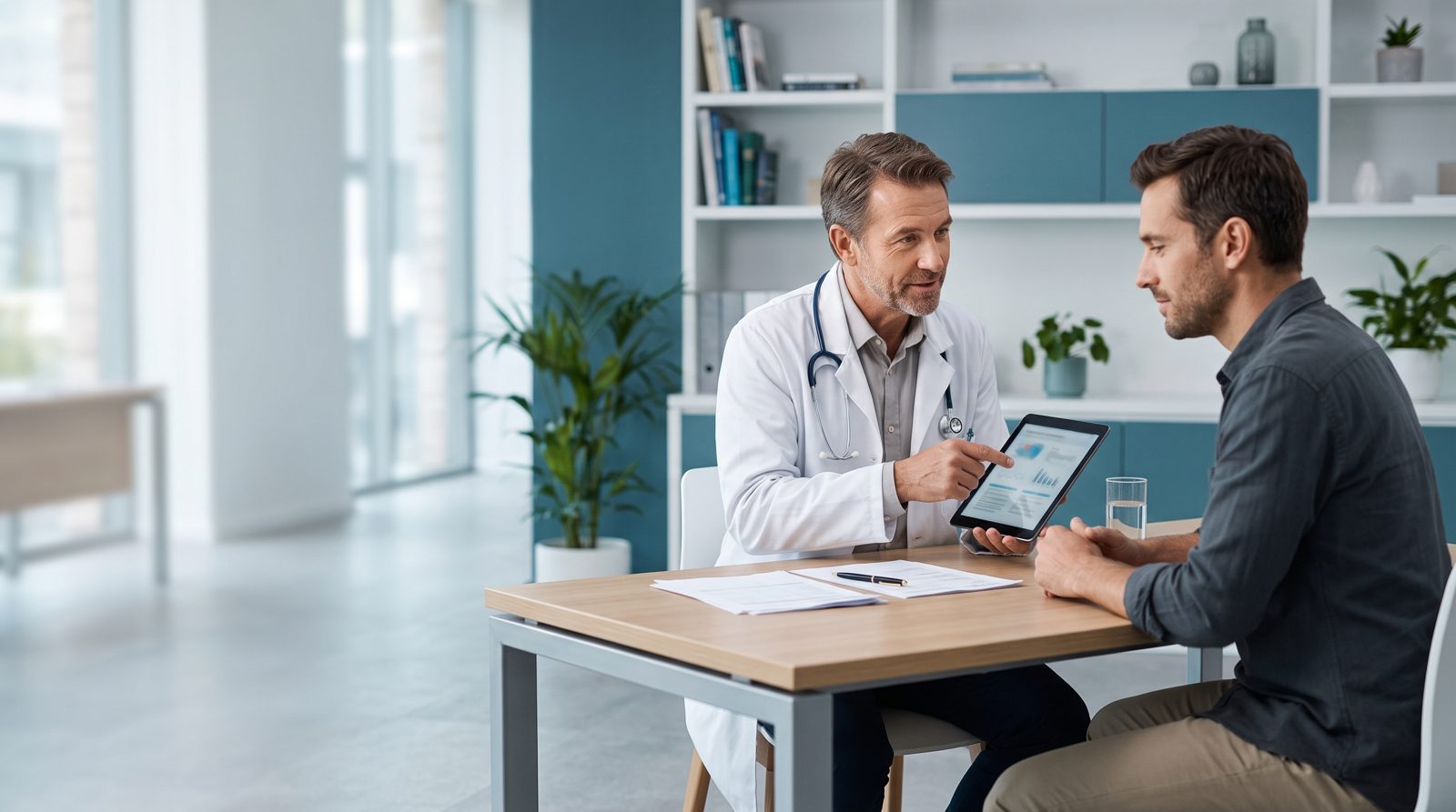 Médico mostrando resultados de exames em um tablet para um paciente durante a consulta